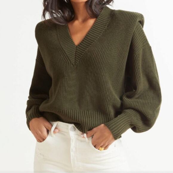 Pistola brand revolve Camille Green V-Neck Sweater with strong Shoulders cotton - Picture 1 of 8